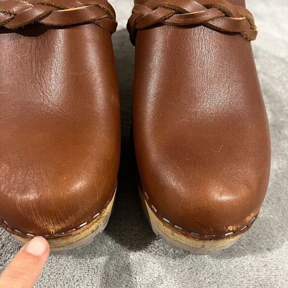 MIA Elsa Clogs 8.5 / 39 Brown Leather Braid Platform Made In Sweden Tan Chunky - Picture 8 of 11